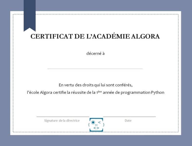 Diplôme délivré à la fin de chaque année du cursus Python